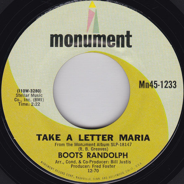 Boots Randolph : C. C. Rider / Take A Letter Maria (7", Mon)