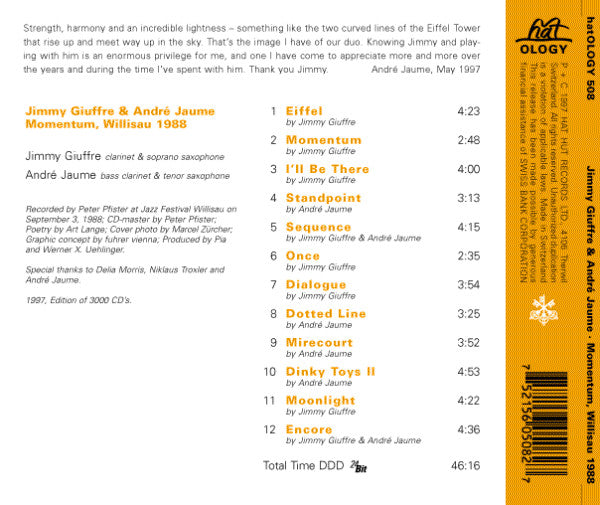 Jimmy Giuffre & André Jaume : Momentum, Willisau 1988 (CD, Album)