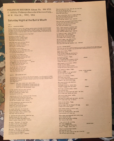 Ewan MacColl & Peggy Seeger : Saturday Night At The Bull & Mouth (LP, Album)