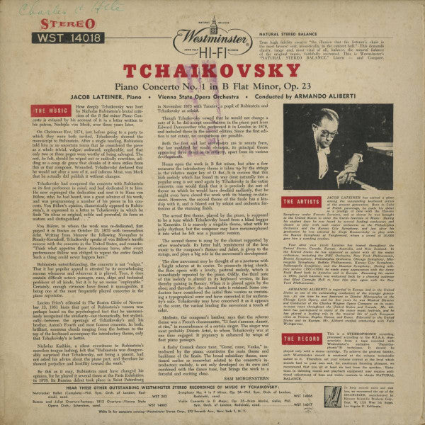 Pyotr Ilyich Tchaikovsky - Jacob Lateiner :  Piano Concerto No. 1 In B Flat Minor, Op. 23 (LP, Album)