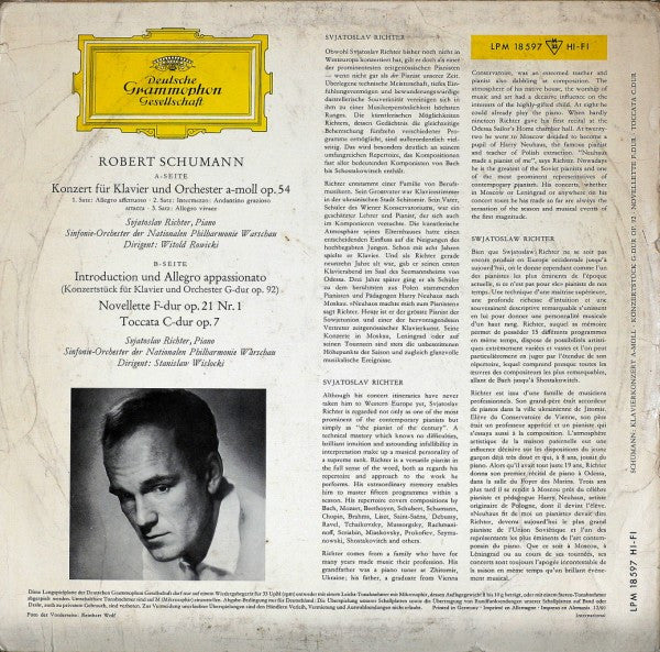 Robert Schumann - Svjatoslav Richter* : Klavierkonzert A-Moll Op. 54 · Introduction Und Allegro Appassionato Op. 92 · Novellette Op. 21 No. 1 · Toccata Op. 7 (LP, Mono)