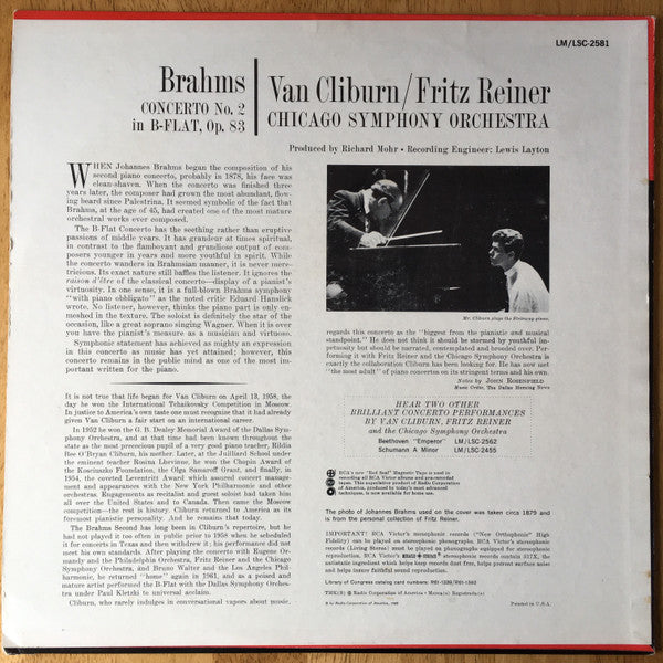 Brahms*, Van Cliburn / Fritz Reiner, Chicago Symphony Orchestra : Concerto No. 2 (LP, Album, Ind)