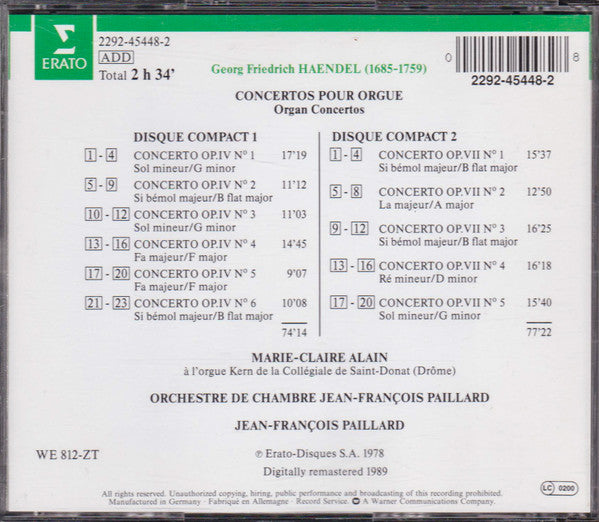 Georg Friedrich Händel - Marie-Claire Alain, Orchestre De Chambre Jean-François Paillard : Concertos Pour Orgue (2xCD, Album, RE)