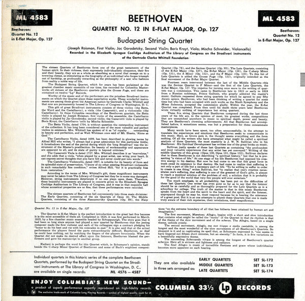 Ludwig van Beethoven - Budapest String Quartet : The Complete String Quartets Of Ludwig Van Beethoven (Quartet No. 12 In E-Flat Major, Op. 127) (LP, Mono, RE)