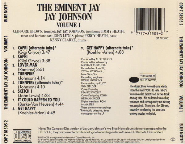J.J. Johnson : The Eminent Jay Jay Johnson, Volume 1 (CD, Comp)