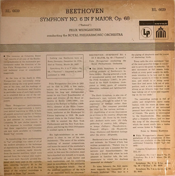 Ludwig van Beethoven, Felix Weingartner Conducting The Royal Philharmonic Orchestra (2) : Symphony No. 6 In F Major, Op. 68 ("Pastoral") (LP, Album, Mono)