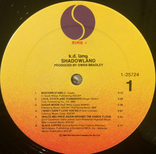 k.d. lang : Shadowland (The Owen Bradley Sessions) (LP, Album, Spe)