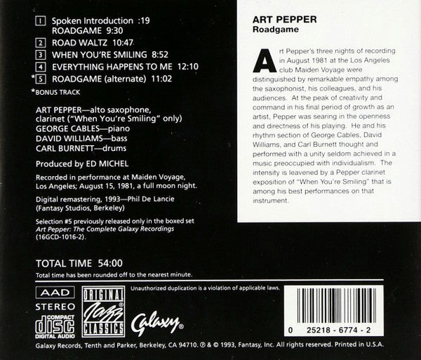 Art Pepper : Roadgame (CD, Album)