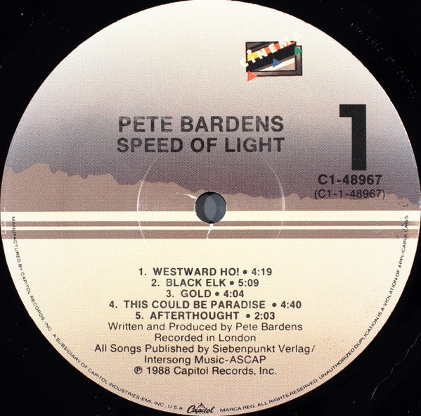 Pete Bardens* : Speed Of Light (LP, Album, Spe)