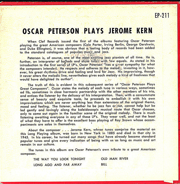 Oscar Peterson : Oscar Peterson Plays Jerome Kern (7", EP, Mono)
