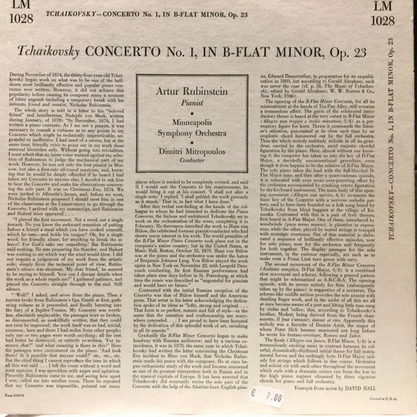 Tchaikovsky* - Artur Rubinstein*, Minneapolis Symphony Orchestra, Dimitri Mitropoulos : Concerto No. 1 (LP, Album, Mono, RE)