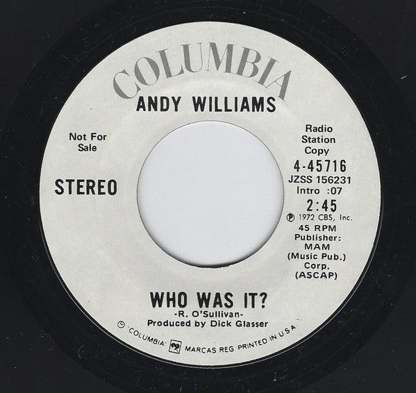Andy Williams : Home Lovin' Man / Who Is It? (7", Single, Promo, Styrene)