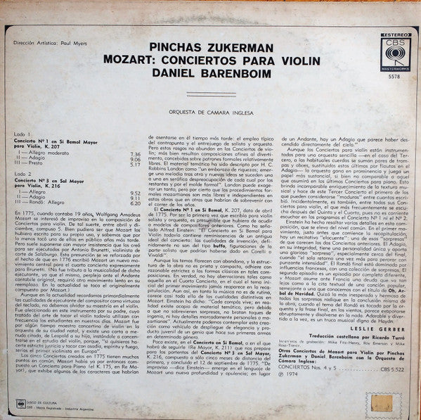 Pinchas Zukerman, English Chamber Orchestra, Daniel Barenboim - Wolfgang Amadeus Mozart : Mozart: Conciertos Para Violin (No.1 En Si Bemol, K.207; No.3 En Sol, K.216 (LP, Album)