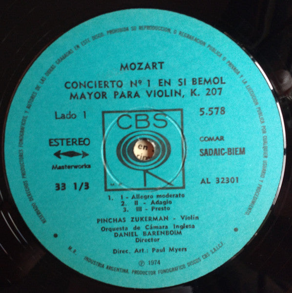 Pinchas Zukerman, English Chamber Orchestra, Daniel Barenboim - Wolfgang Amadeus Mozart : Mozart: Conciertos Para Violin (No.1 En Si Bemol, K.207; No.3 En Sol, K.216 (LP, Album)