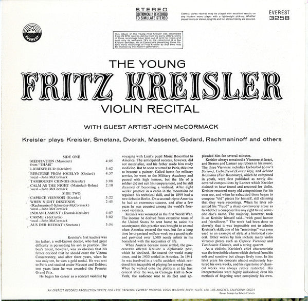 Fritz Kreisler With Guest John McCormack (2), Smetana*, Dvorak*, Massenet*, Godard*, Rachmaninoff* : The Young Fritz Kreisler — Violin Recital (LP, Comp)