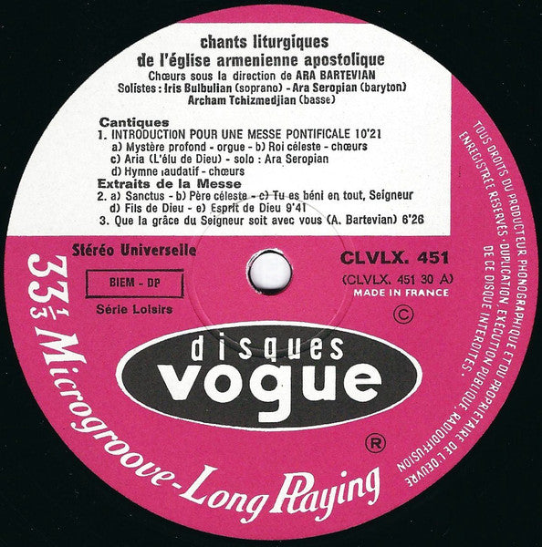 Chœurs de L'église Arménienne de Paris* Sous La Direction De Ara Bartevian* : Chants Liturgiques De L'église Armenienne Apostolique (Vol. 2) (LP)