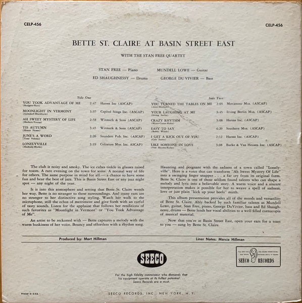 Bette St. Claire* With The Stan Free Quartet : At Basin Street East (LP, Album, Mono)