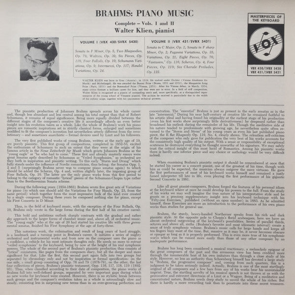 Johannes Brahms, Walter Klien : Brahms Piano Music - Complete - Vol. II (3xLP, Mono + Box)