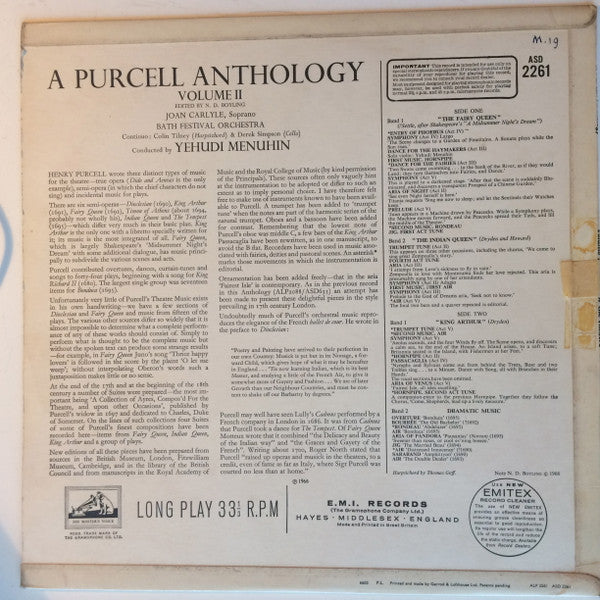 Henry Purcell, Yehudi Menuhin, Joan Carlyle, Bath Festival Orchestra : A Purcell Anthology Volume 2 - Music For The Theatre  (LP, Album)