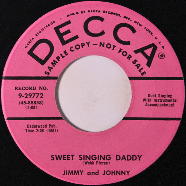 Jimmy And Johnny* : Sweet Singing Daddy / Trust Me (7", Promo)