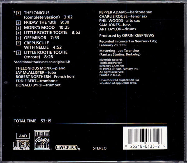 The Thelonious Monk Orchestra : At Town Hall (CD, Album, RE)