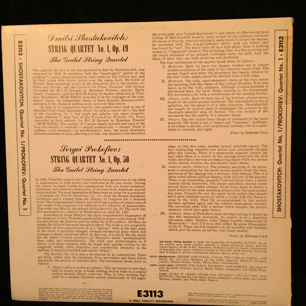 Guilet String Quartet, Sergei Prokofiev, Dmitri Shostakovich : Prokofiev String Quartet No. 1 Op.50 / Shostakovich String Quartet No.1, Op. 49 (LP, Mono)