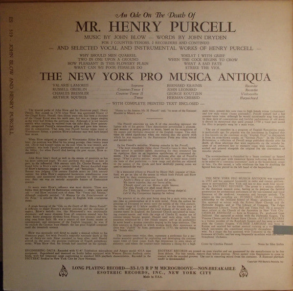 John Blow, John Dryden, Henry Purcell, The New York Pro Musica Antiqua : An Ode On The Death Of Mr. Henry Purcell (LP, Mono)