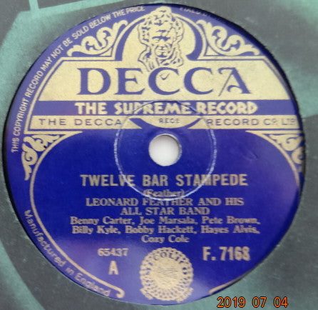 Leonard Feather All Stars : Twelve Bar Stampede / Feather Bed Lament (Shellac, 10")