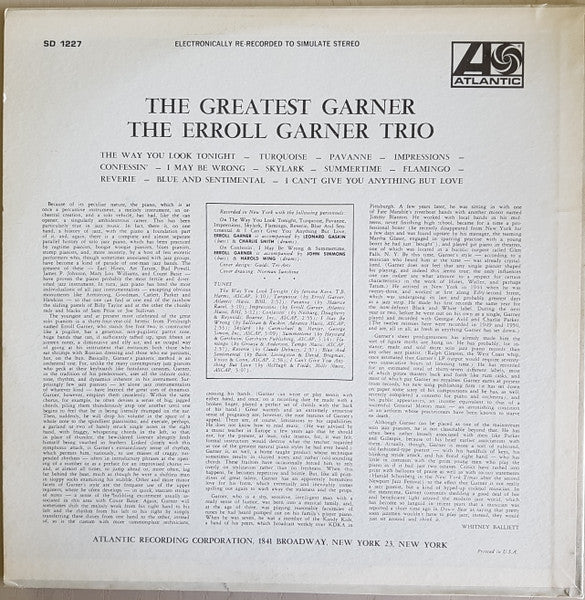 Erroll Garner : The Greatest Garner (LP, Album, RE, PR )