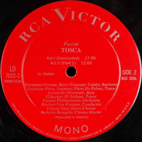Giacomo Puccini, Leontyne Price, Giuseppe Di Stefano, Giuseppe Taddei, Wiener Philharmoniker, Herbert Von Karajan, Wiener Staatsopernchor : Tosca (2xLP, Mono + Box, Album)
