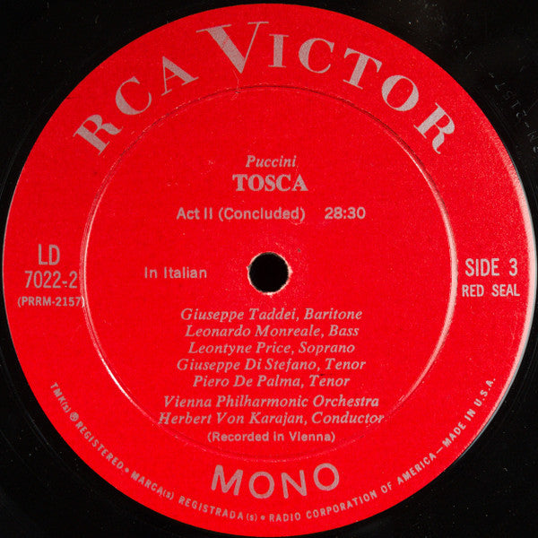 Giacomo Puccini, Leontyne Price, Giuseppe Di Stefano, Giuseppe Taddei, Wiener Philharmoniker, Herbert Von Karajan, Wiener Staatsopernchor : Tosca (2xLP, Mono + Box, Album)