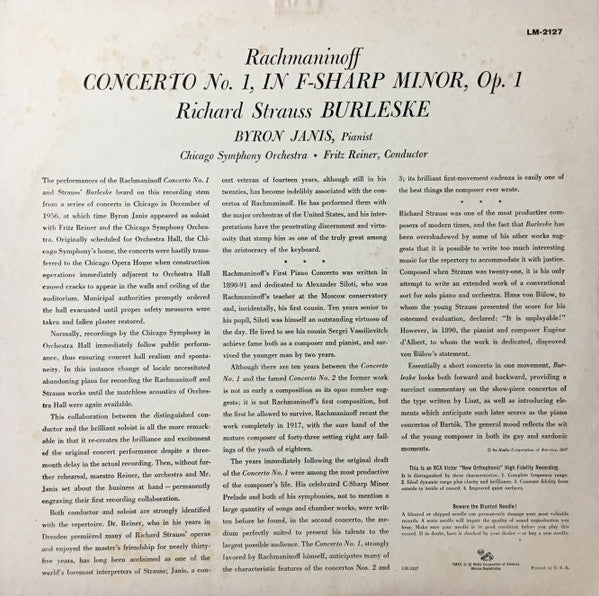 Sergei Vasilyevich Rachmaninoff / Richard Strauss / Byron Janis / Fritz Reiner / Chicago Symphony Orchestra : Burleske / Concerto No. 1  (LP, Album, Mono, RP, Ind)