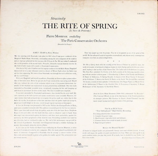 Igor Stravinsky - Pierre Monteux, Orchestre De La Société Des Concerts Du Conservatoire : The Rite Of Spring = Le Sacre Du Printemps (LP, Album, Mono, RP)