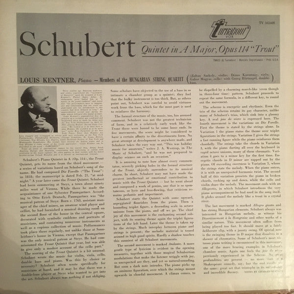 Franz Schubert, Louis Kentner, The Hungarian Quartet : "Trout" (Quintet D. 677) (LP)