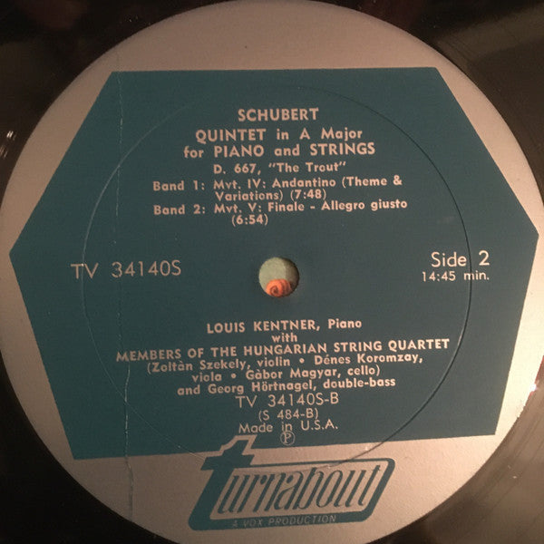 Franz Schubert, Louis Kentner, The Hungarian Quartet : "Trout" (Quintet D. 677) (LP)