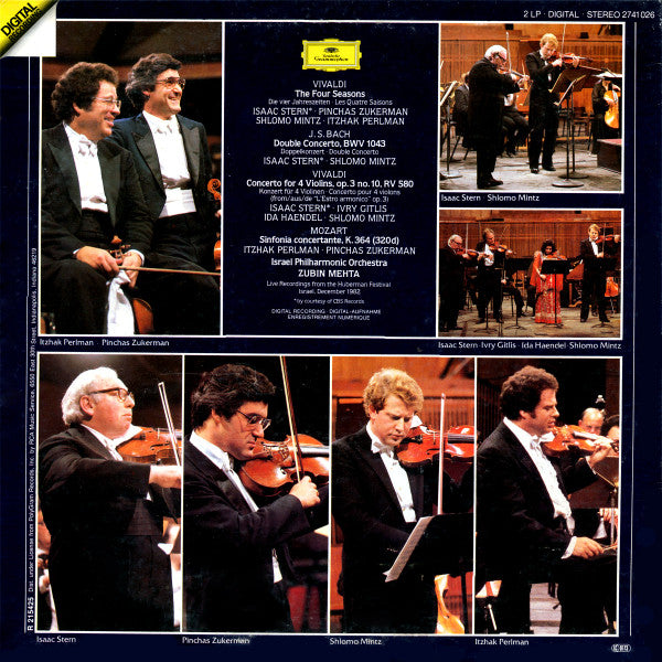 Pinchas Zukerman • Isaac Stern, Itzhak Perlman • Shlomo Mintz, Israel Philharmonic Orchestra, Zubin Mehta, Vivaldi* / Bach* / Mozart* : The Four Seasons · Concerto For 4 Violins / Double Concerto / Sinfonia Concertante K.364 (2xLP, Club,  )