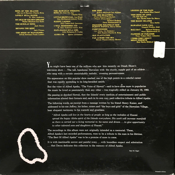 Alfred Apaka With The Hawaiian Village Serenaders : The Best Of Alfred Apaka (2xLP, Comp)