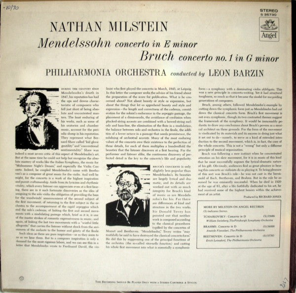Nathan Milstein, Mendelssohn*, Bruch*, Philharmonia Orchestra Conducted By Leon Barzin : Concerto In E Minor / Concerto No.1 In G Minor (LP, Album)