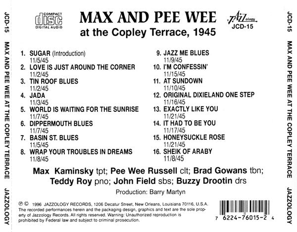 Max Kaminsky, Pee Wee Russell : Max And Pee Wee At The Copley Terrace (CD, Album)