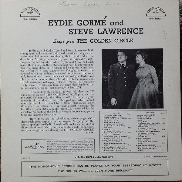 Steve & Eydie : Songs From The Golden Circle (LP, Album, Mono, M/Print)