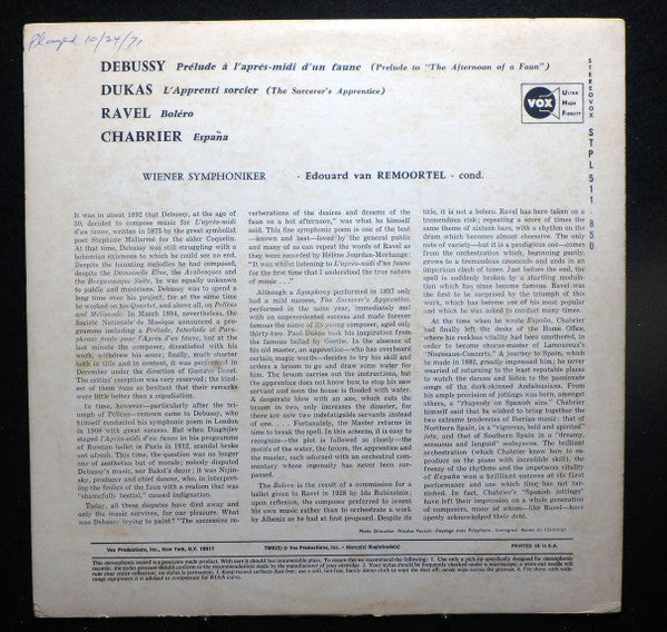 Claude Debussy / Maurice Ravel / Paul Dukas / Emmanuel Chabrier / Edouard Van Remoortel, Wiener Symphoniker : Prélude À L'Après-Midi D'Un Faune/Boléro/L'Apprenti Sorcier/España (LP)