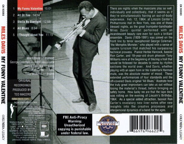Miles Davis : My Funny Valentine - Miles Davis In Concert (CD, Album, RE, RM)