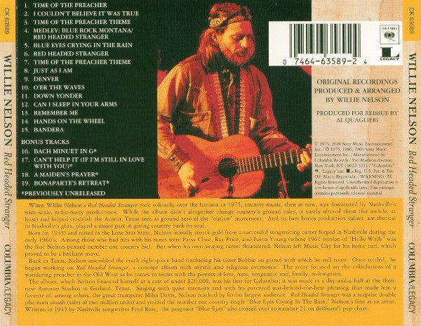 Willie Nelson : Red Headed Stranger (CD, Album, RE, RM)