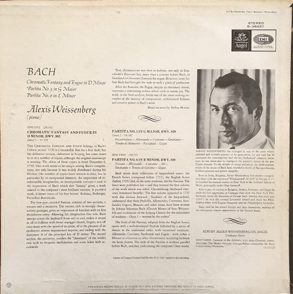 Alexis Weissenberg, Bach* : Chromatic Fantasy and Fugue In D minor • Partita No. 5 In G • Partita No. 6 In E Minor (LP, Album)