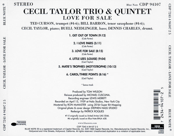 Cecil Taylor Trio And Cecil Taylor Quintet : Love For Sale (CD, Album, RE)