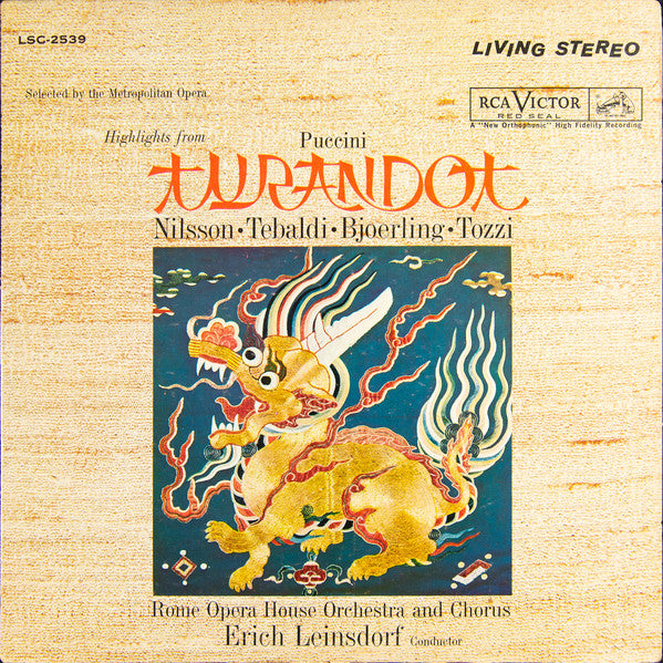 Giacomo Puccini - Birgit Nilsson, Renata Tebaldi, Jussi Björling, Giorgio Tozzi, Orchestra Del Teatro Dell'Opera Di Roma And Coro Del Teatro Dell'Opera Di Roma, Erich Leinsdorf : Highlights From Turandot (LP, Ind)