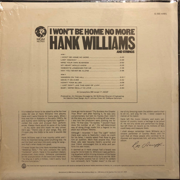 Hank Williams and Strings* : I Won't Be Home No More (LP, Comp, Mono)