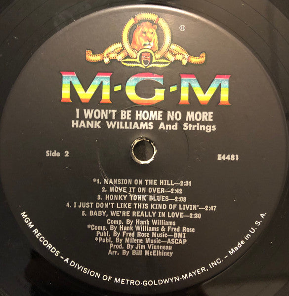 Hank Williams and Strings* : I Won't Be Home No More (LP, Comp, Mono)