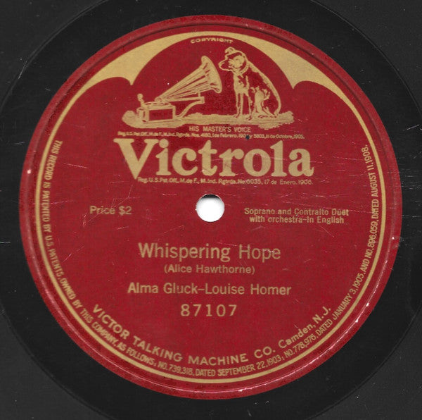 Alma Gluck - Louise Homer : Whispering Hope (Shellac, 10", S/Sided, RP)