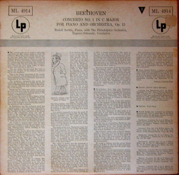 Beethoven* - Rudolf Serkin, The Philadelphia Orchestra, Eugene Ormandy : Concerto No. 1 In C-major For Piano And Orchestra, Op. 15 (LP, Mono)